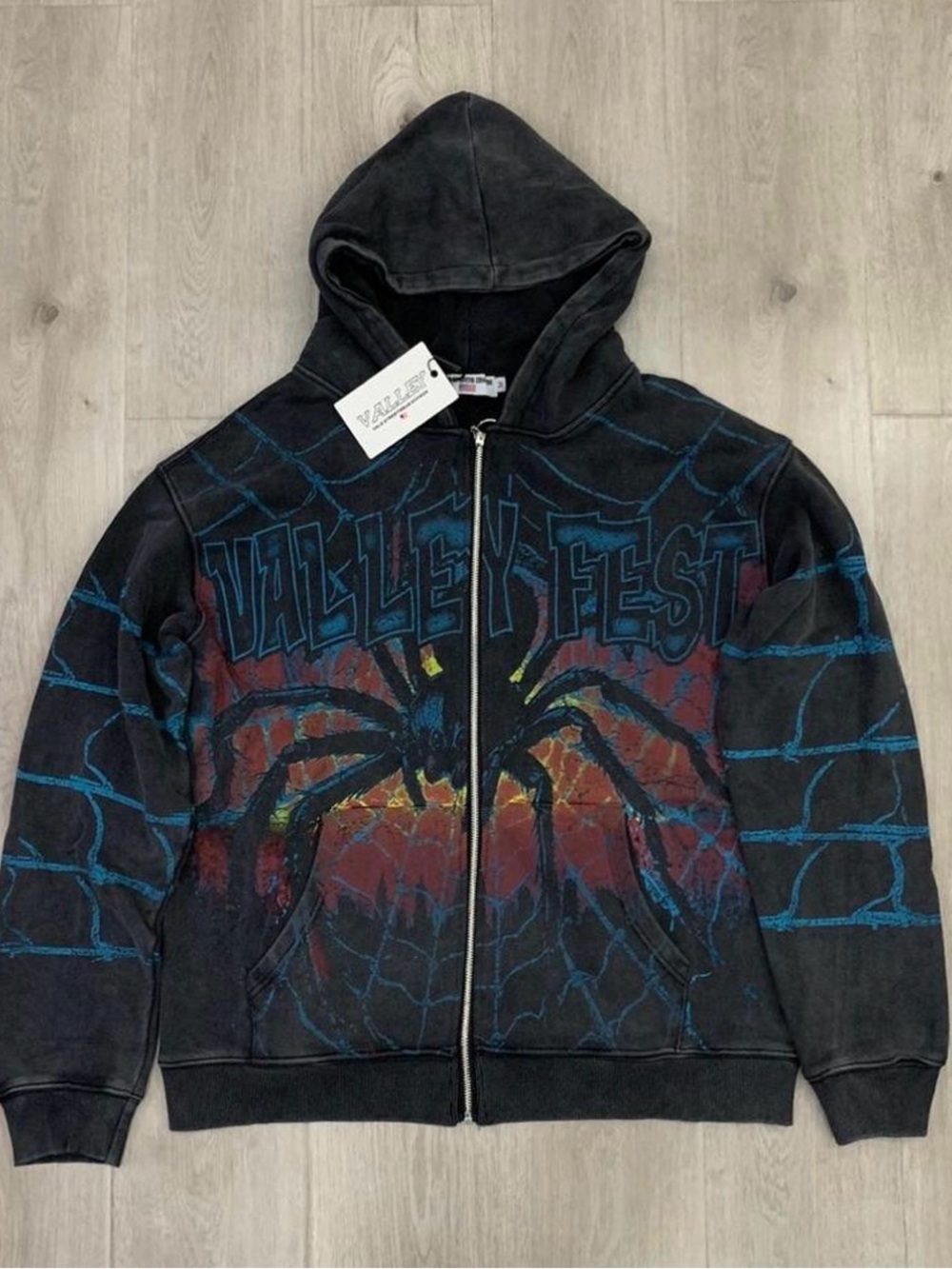 Black Graphic Zip-Up Hoodie with Spider Motif